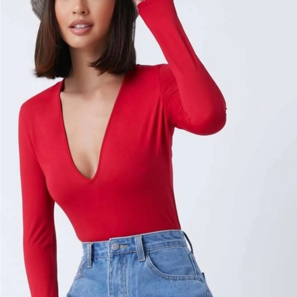 SHEIN Red V-Neck Long Sleeve Bodysuit
